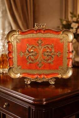 Vintage Mid-Century Italian Florentine Decorative Tray, Orange and Gold Gilded T